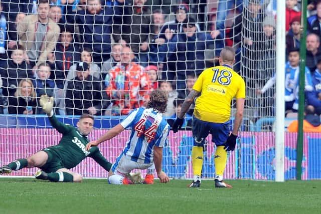 Huddersfield Town's Michael Hefele scores the winning goal for Town against Leeds in February 2017 (Picture: Tony Johnson)