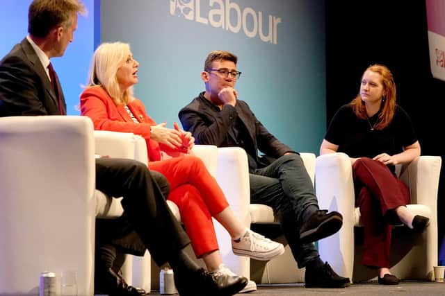 Tracy Brabin speaking at the Labour conference alongside fellow Northern mayors Dan Jarvis and Andy Burnham.