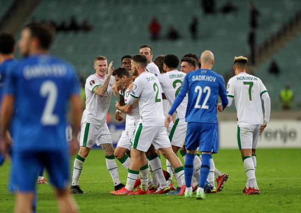 Chiedozie Ogbene celebrates scoring the  Republic of Ireland's  third goal against Azerbaijan at the Olympic Stadium Picture: Aziz Karimov/Getty Images