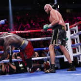 TELLING BLOW: Tyson Fury knocks out Deontay Wilder to win in the 11th round in Las Vegas Picture: AP/Chase Stevens