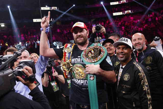 Tyson Fury celebrates after defeating Deontay Wilder in Las Vegas Picture: AP/Chase Stevens