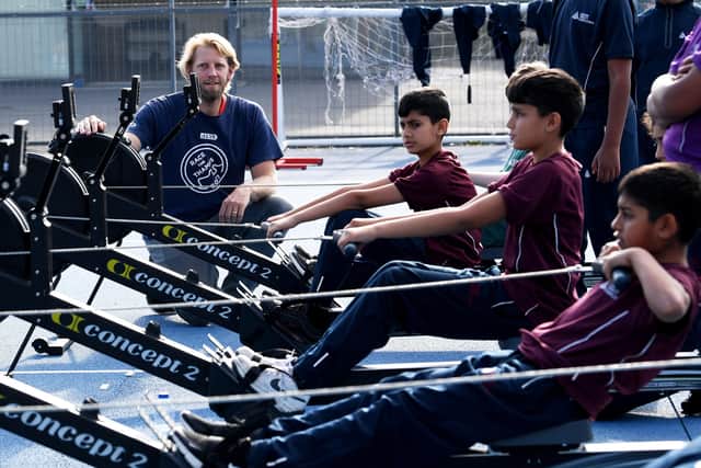 IT GOES LIKE THIS: Andy Triggs Hodge teaches pupils how to row at Dixons Trinity Chapeltown School in Leeds. Picture: Simon Hulme.
