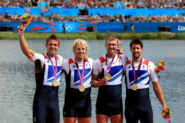 Great Britain's Men's Four of (left to right) Pete Reed, Andrew Triggs Hodge, Alex Gregory and Tom James celebrate winning gold at London 2012. Picture: Stephen Pond/PA