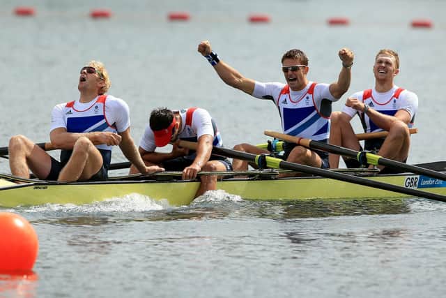 MAMGIC MOMENT: Great Britain's Men's Four of (left to right) Andrew Triggs Hodge, Tom James, Pete Reed and Alex Gregory celebrate winning gold at Eton Dorney Rowing Lake at London 2021 Olympics. Picture: Stephen Pond/PA