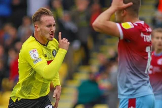 Jack Diamond celebrates after putting Harrogate Town 3-0 up at home to Scunthorpe United. Pictures: Matt Kirkham