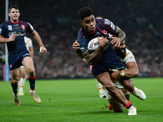 St Helens Kevin Naiqama goes in for a try. (WILL PALMER/SWPIX)