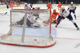 RIGHT TIME< RIGHT PLACE: Sheffield Steelers' John Armstrong levels in the first period with a delayed penalty goal, but the hosts went down 6-4 at home to Guildford Flames on Saturday. Picture courtesy of Dean Wolley.