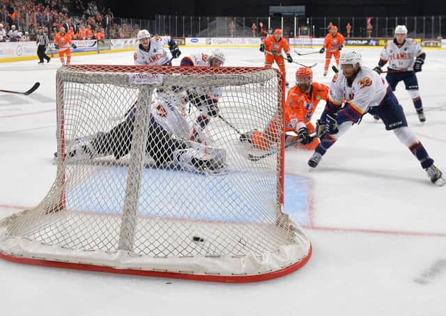 RIGHT TIME< RIGHT PLACE: Sheffield Steelers' John Armstrong levels in the first period with a delayed penalty goal, but the hosts went down 6-4 at home to Guildford Flames on Saturday. Picture courtesy of Dean Wolley.
