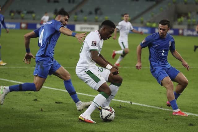 Republic of Ireland and Rotherham United's Chiedozie Ogbene, centre, fights for the ball with Azerbaijan's Hojjat Haghverdi, left, and Gara Garayev during the World Cup 2022 group A qualifier (Picture: PA)