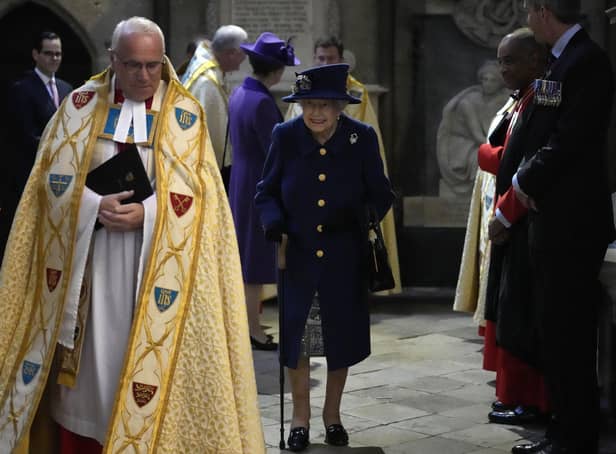 In a rare sight that showed her age, the 95-year-old monarch entered the Abbey on a walking stick.
Photo: Getty