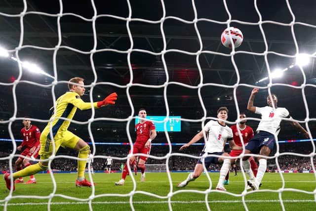 England's John Stones scores the equaliser against Hungary. Picture: PA