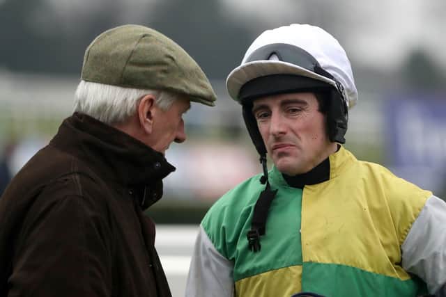 Former champion jockey Brian Hughes with Mick Meagher, racing manager to the late Trevor Hemmings.