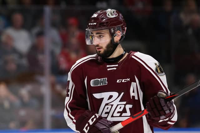 LEARNING CURVE: Liam Kirk pictured playing for the Peterborough Petes at the Oshawa Generals during what turned out to be a second season in the OHL for him that was hampered first by injury and then the coronavirus pandemic. Picture: Chris Tanouye/Getty Images