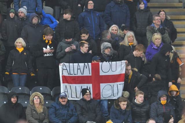 Hull City  fans protest against chairman Assem Allam at a game in 2018 (Picture: Tony Johnson)