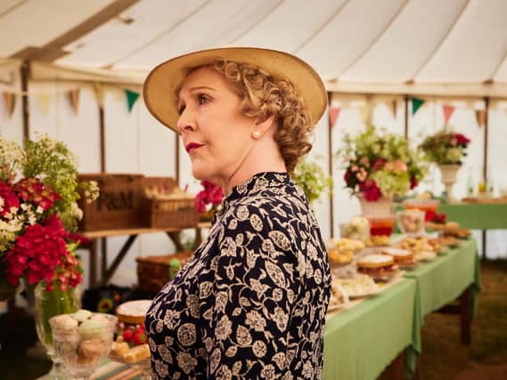 Mrs Pumphrey (Patricia Hodge) in the cricket marquee, filmed at Fountains Abbey Deer Park.