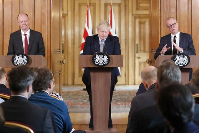 File photo dated 03/03/20 showing (left to right) Chief Medical Officer for England Chris Whitty, Prime Minister Boris Johnson and Chief Scientific Adviser Sir Patrick Vallance during a press conference at Downing Street, London, on the government's coronavirus action plan.