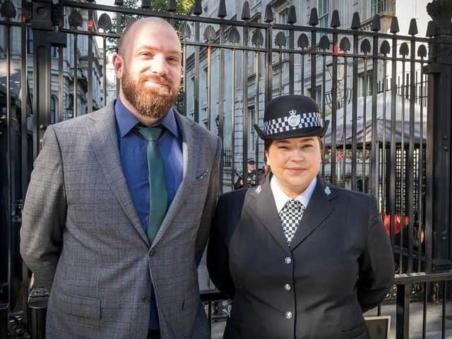 PC Laura Kelly and her partner at Downing Street for the reception