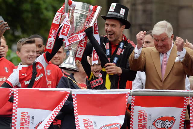 Richard Wood and chairman Tony Stewart during Rotherham United's 2018 victory parade.  Picture Bruce Rollinson