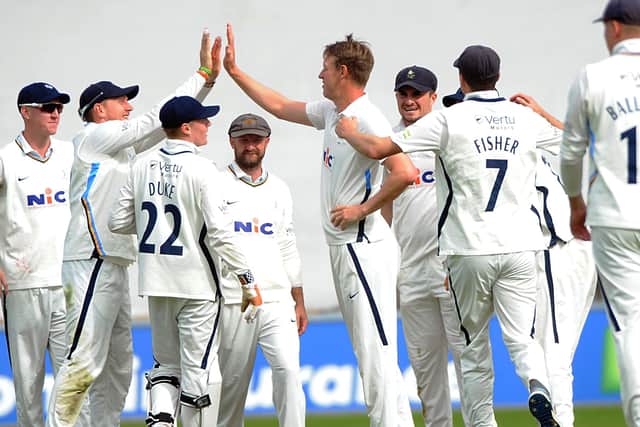 Steve Patterson and his Yorkshire team-mates celebrate a wicket against eventual champions Warwickshire (Picture: Steve Riding)