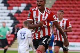 Sheffield United striker Rhian Brewster, pictured scoring his only goal for the Blades against Carlisle in August. Picture: PA.