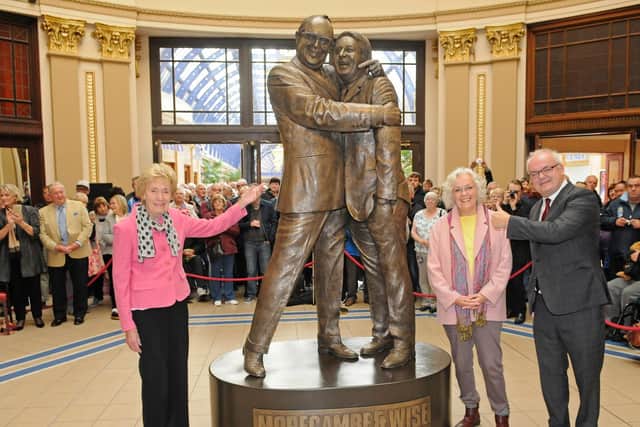 Unveiling of the new Morecambe and Wise statue at the Winter Gardens. Pictured are Gary Morecambe, Joan Morecambe (left) and Gail Morecambe. Picture: Daniel Martino.