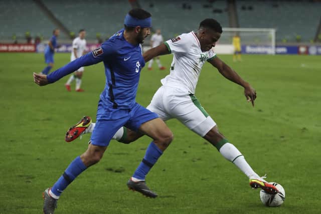 Republic of Ireland’s Chiedozie Ogbene, right, fights for the ball with Azerbaijan’s Emin Mahmudov.  Picture: AP Photo