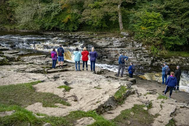 Visitors watch on for salmon leaping on the River Ribble at Stainforth Force in the Yorkshire Dales as the annual migration to their spawning grounds begins. Picture Tony Johnson