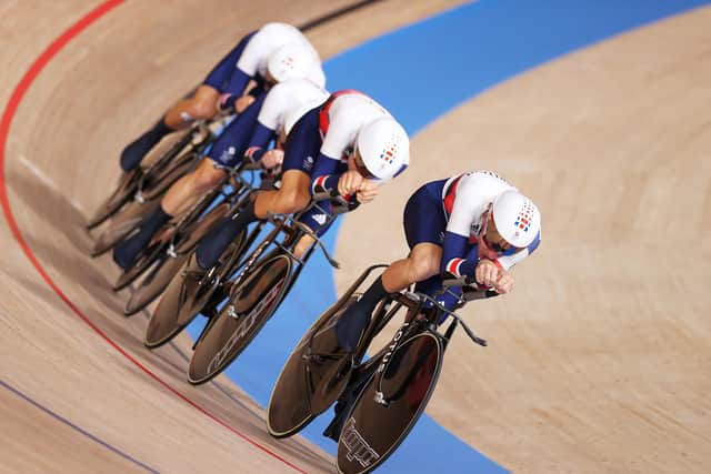 Ollie Wood and team-mates pictured during the Men ́s team pursuit first round, heat 4 at the Tokyo 2020 Olympic Games at the Izu Velodrome Picture: Justin Setterfield/Getty Images