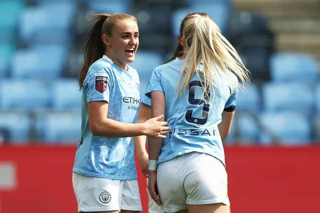 Manchester City's Georgia Stanway (left) suffered terrible abuse on social media after being red-carded for a bad tackle last weekend. Picture:Tim Markland/PA