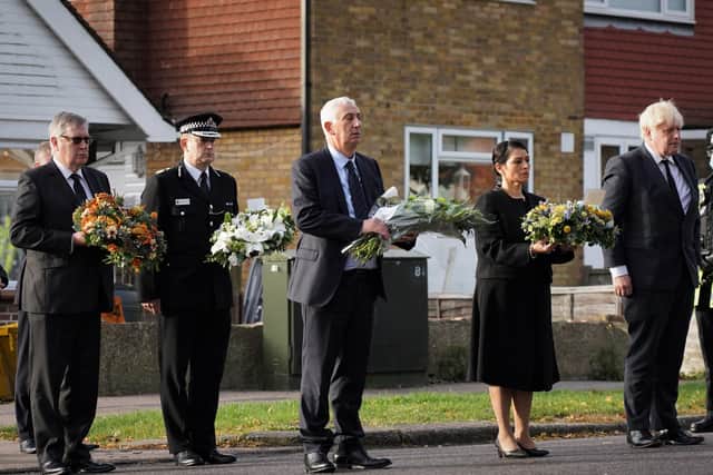 Handout photo of (left to right) PFCC Roger Hirst, Chief Constable Ben-Julian Harrington, Speaker of the House Sir Lindsay Hoyle, Home Secretary Priti Patel and Prime Minister Boris Johnson at the scene near Belfairs Methodist Church in Eastwood Road North, Leigh-on-Sea, Essex, where Conservative MP Sir David Amess died after he was stabbed several times at a constituency surgery on Friday.