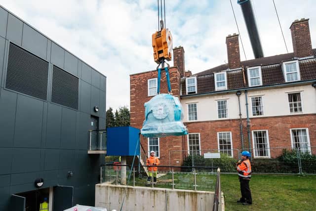 The cyclotron being lowered by crane at the hospital site near Hull