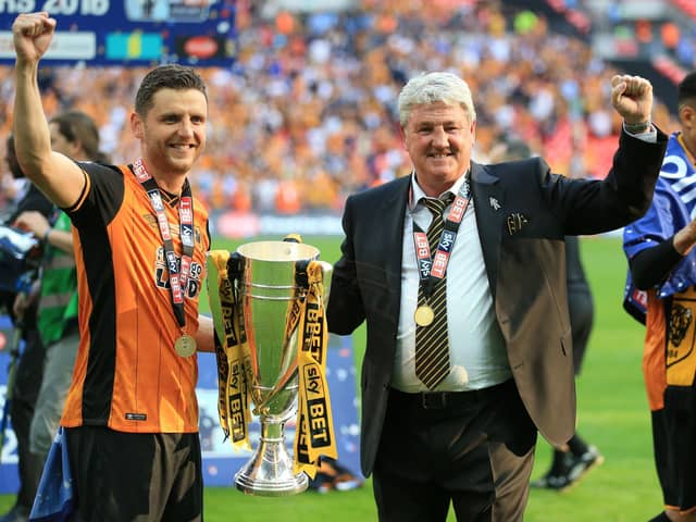 Then Hull City manager Steve Bruce (right) and his son Alex Bruce celebrate after the Championship Play-Off Final at Wembley Stadium in 2016. Picture: PA
