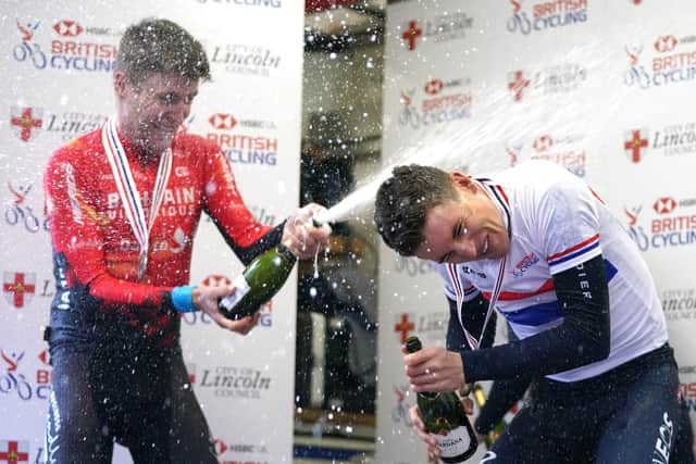 Champagne moment: Team Ineos Grenadiers' Ben Swift (right) celebrates alongside second placed' Bahrain-Victorious' Fred Wright. Picture: Tim Goode/PA Wire.