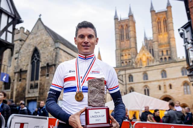 Ben Swift of INEOS Grenadiers celebrates the win in front of Lincoln Cathedral on Sunday (Picture: Alex Whitehead/SWpix.com)
