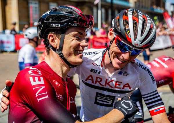 Domination: Ben Swift, left, is congratulated by cousing Connor Swift, right, after his 2019 British road race win. Ben won the title again on Sunday. (Picture: SWPix.com)