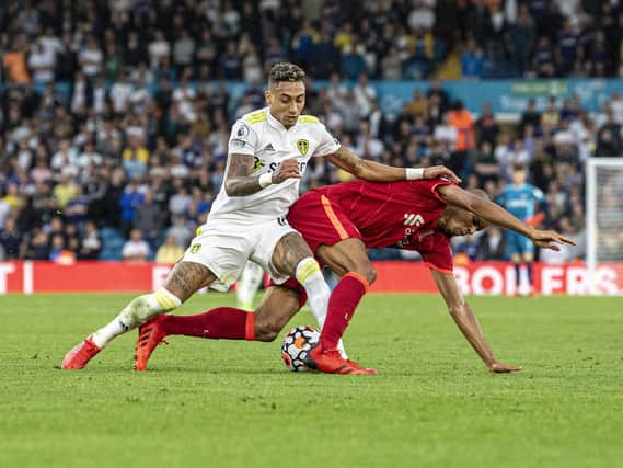 CHRISTMAS TREAT: Leeds United's Raphinha and Liverpool's Fabinho are due to go head-to-head again on Boxing Day