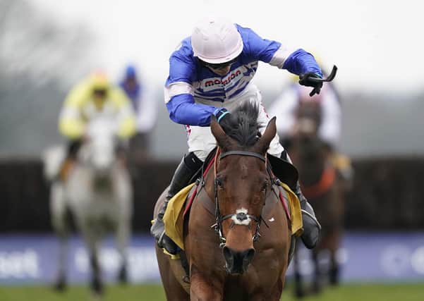 Harry Cobden riding Cyrname clear the last to win The Betfair Ascot Steeple Chase at Ascot Racecourse on February 16, 2019.