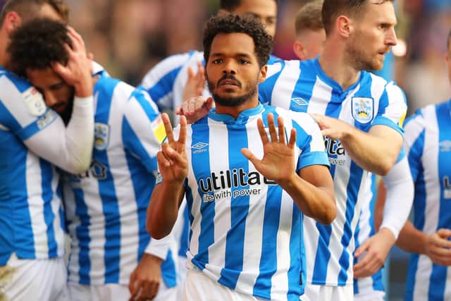 On target: Huddersfield Town's Duane Holmes celebrates scoring his side's second goal during the Championship match at the John Smith's Stadium. Picture: PA