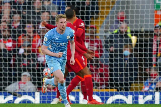 Manchester City's Kevin De Bruyne celebrates scoring against Liverpool at Anfield. Picture: Peter Byrne/PA