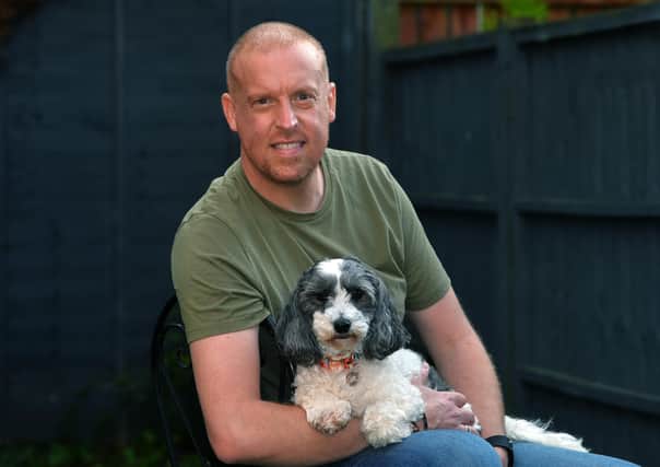 Ben Green from Hambleton, near Selby, was given a year to live in March 2020 after being diagnosed with oesophageal cancer. He has outlived predictions and is now walking 300 miles in three months with his brother Tom to raise funds for Macmillan Cancer Support. Pictured with his dog Molly.
.
Picture : Jonathan Gawthorpe