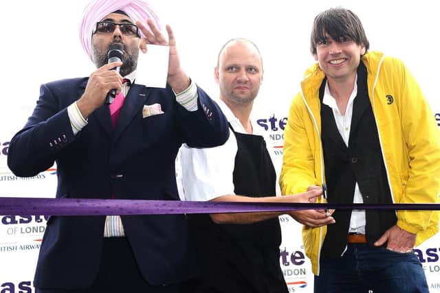 Simon Rogan (centre) with Hardeep Singh and Alex James as they open the Taste of London in 2012. (PA).