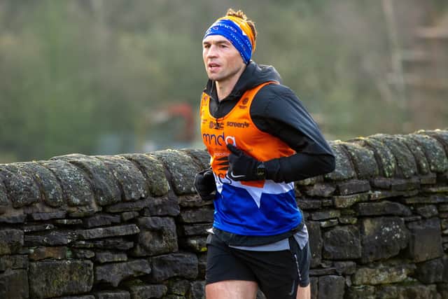 Kevin Sinfield during his final 7 in 7 marathon challenge for MND last year (Picture: Bruce Rollinson)