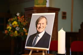 A portrait of Sir David Amess MP ahead of a service at St Michael's Church in Chalkwell on October 17, 2021 in Leigh-on-Sea, United Kingdom. Photo by Hollie Adams/Getty Images.