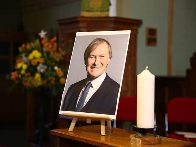 A portrait of Sir David Amess MP ahead of a service at St Michael's Church in Chalkwell on October 17, 2021 in Leigh-on-Sea, United Kingdom. Photo by Hollie Adams/Getty Images.