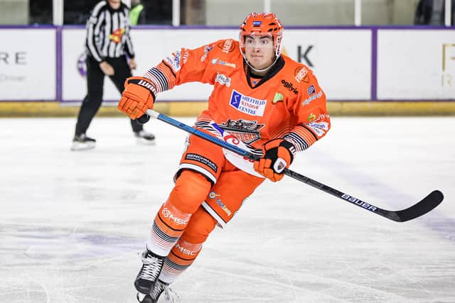 Cole Shudra, in action for Sheffield Steelers in the 8-3 Challenge Cup win at Manchester Storm. Picture courtesy of Mark Ferriss/EIHL Media.