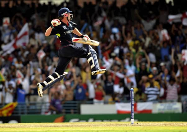 Victory: England captain Paul Collingwood leaps for joy after scoring the winning runs during the ICC World Twenty20 Final match at the Kensington Oval, Bridgetown, Barbados. Pictures: Rebecca Naden/PA