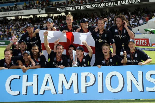 Champions: England celebrate winning the 2010 ICC World Twenty20 Final match at the Kensington Oval, Bridgetown.