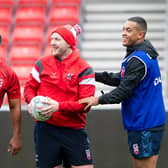 Hull KR's Jordan Abdull in training with England team-mates Kruise Leeming and Reece Lyne. (ALLAN MCKENZIE/SWPIX)