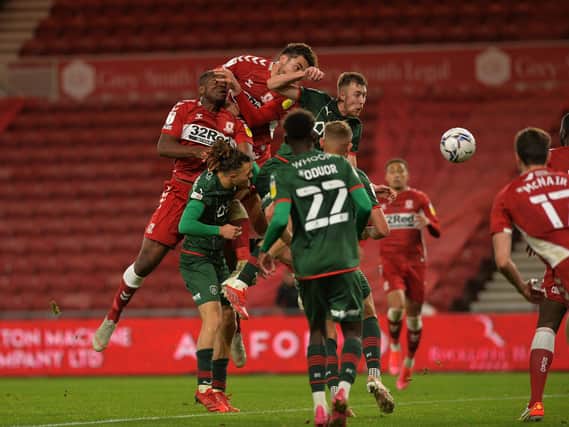 Middlesbrough's Matt Crooks heads in his side's late second goal in their 2-0 win over Barnsley. Picture: Jonathan Gawthorpe.