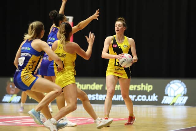 NEW FACE: Defender Rebekah Airey, with ball, has joined Leeds Rhinos Netball for the 2022 season. Picture: Morgan Harlow/Getty Images.
